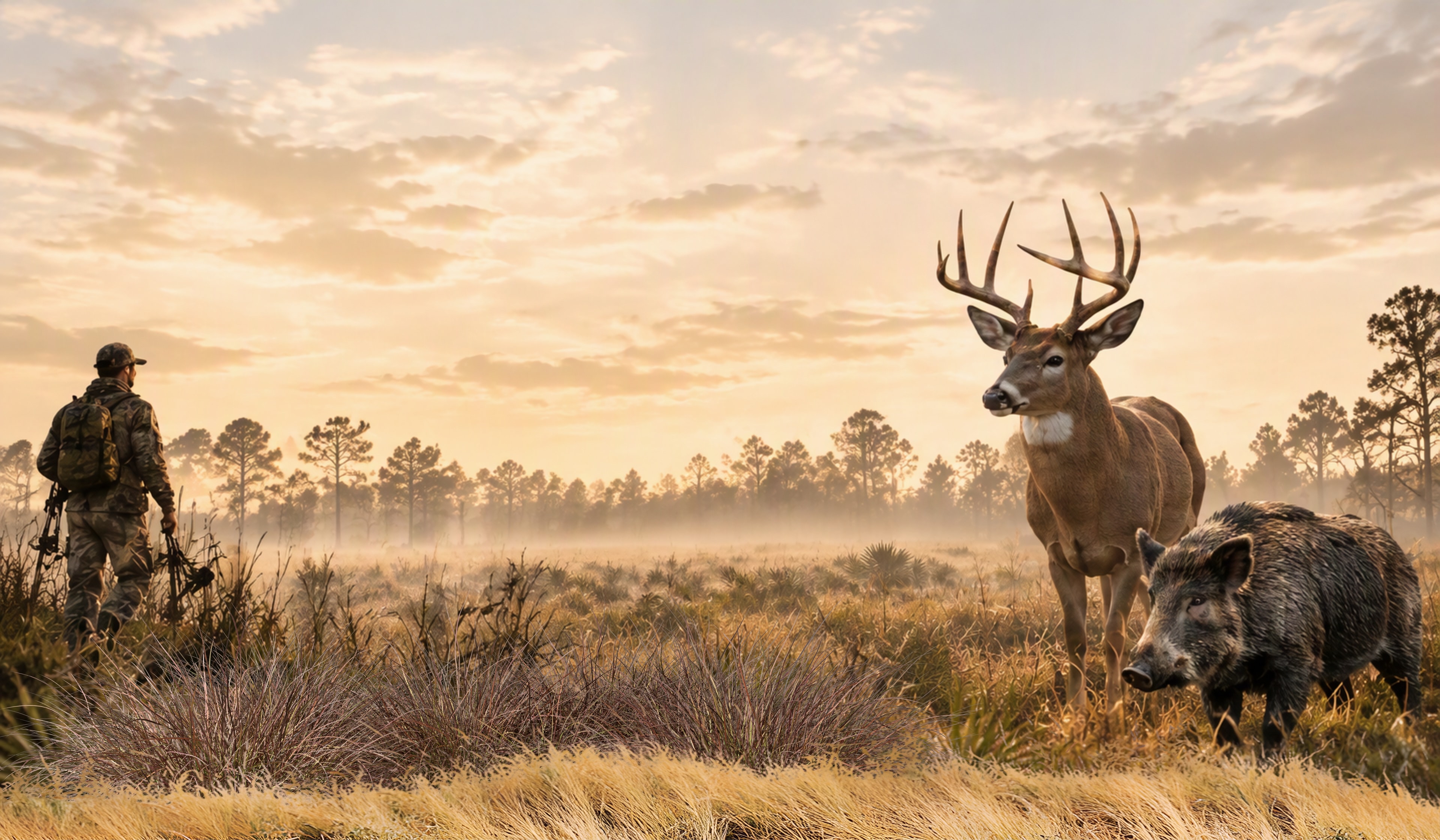 Florida hunter at sunrise beside a harvested whitetail buck and wild hog